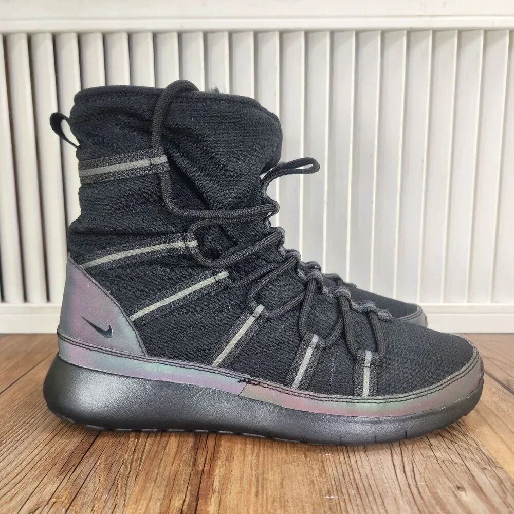Nike Roshe One Hi SE GS Women Sz 7.5 (6Y) Black Iridescent Fur Lined Shoes Boots